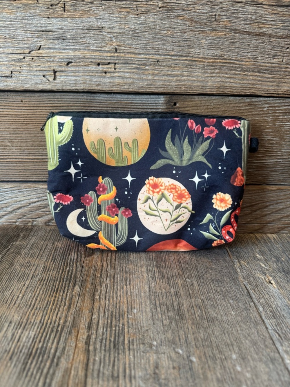 Celestial Desert Floral Zip Pouch - Black with Green, Orange & Pink Accents